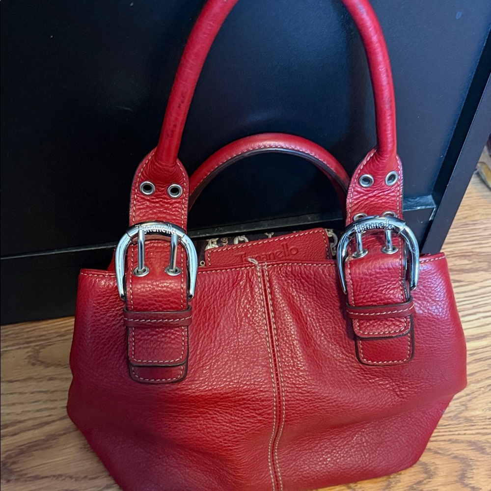 Red Leather Shoulder Bag with Dual Buckle Straps